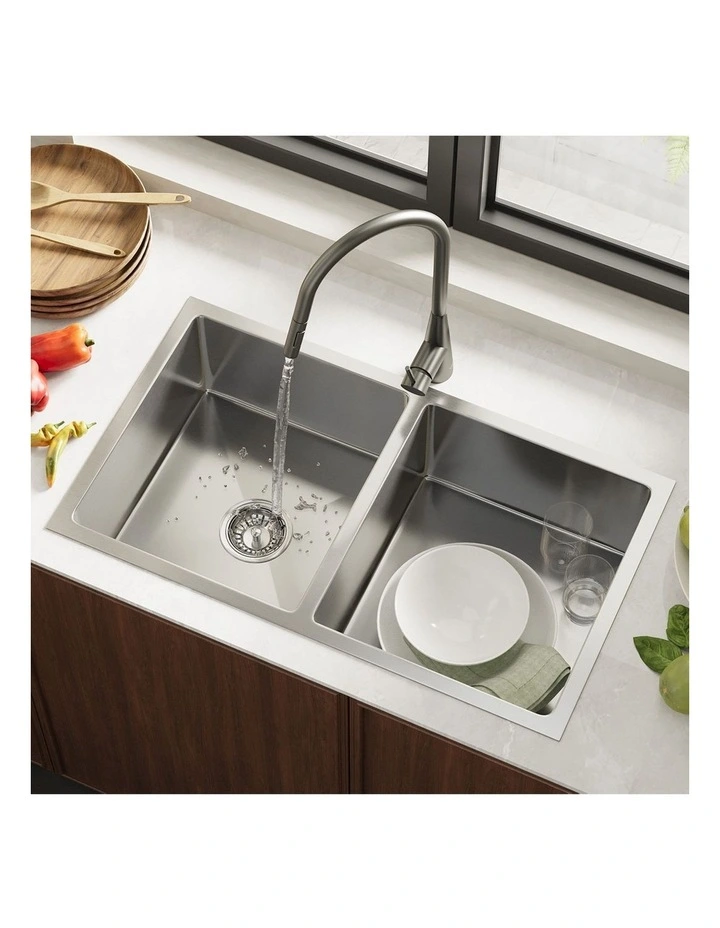 Welba Kitchen Sink 76X44CM With Pull Out Mixer Tap Stainless Steel Double Bowl image 4