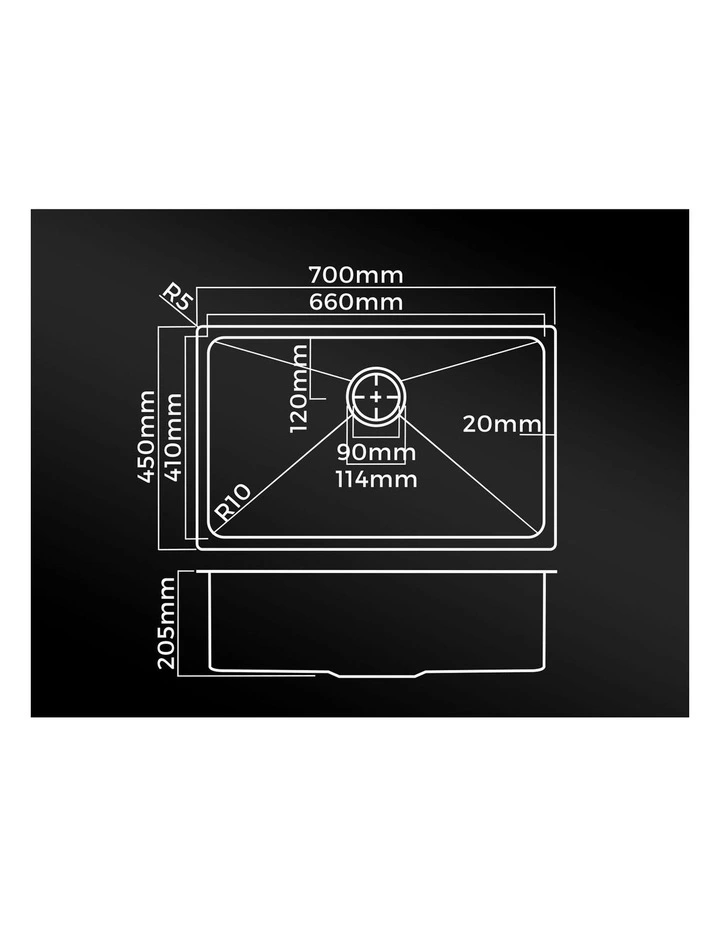 Welba Kitchen Sink 70X45CM Stainless Steel Single Bowl Basin With Waste Black image 3