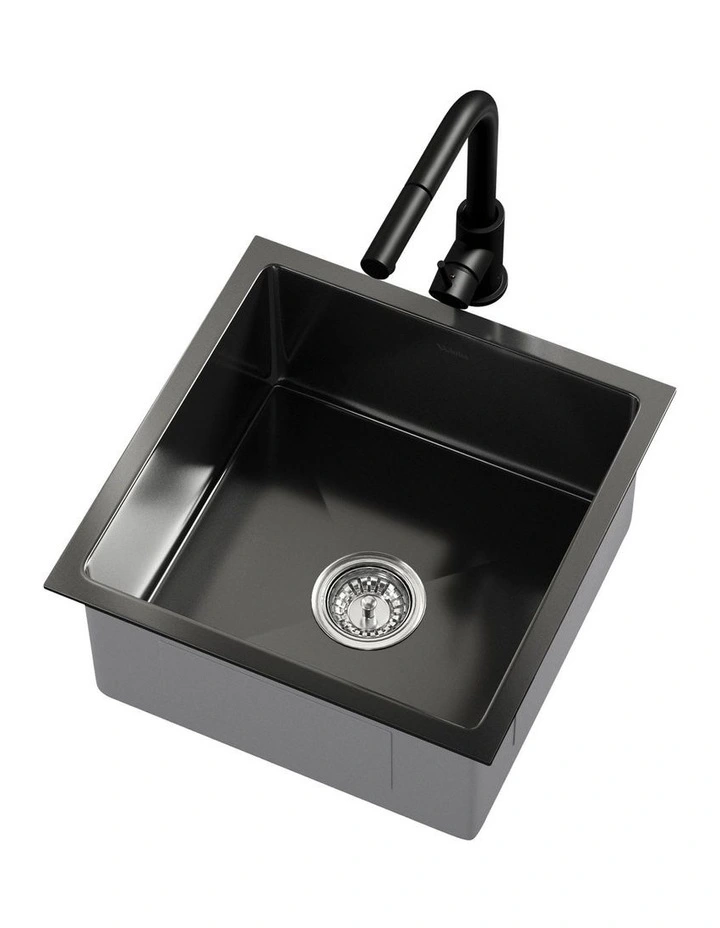 Welba Kitchen Sink 44X44CM With Pull Out Mixer Tap Stainless Steel Basin Black image 1