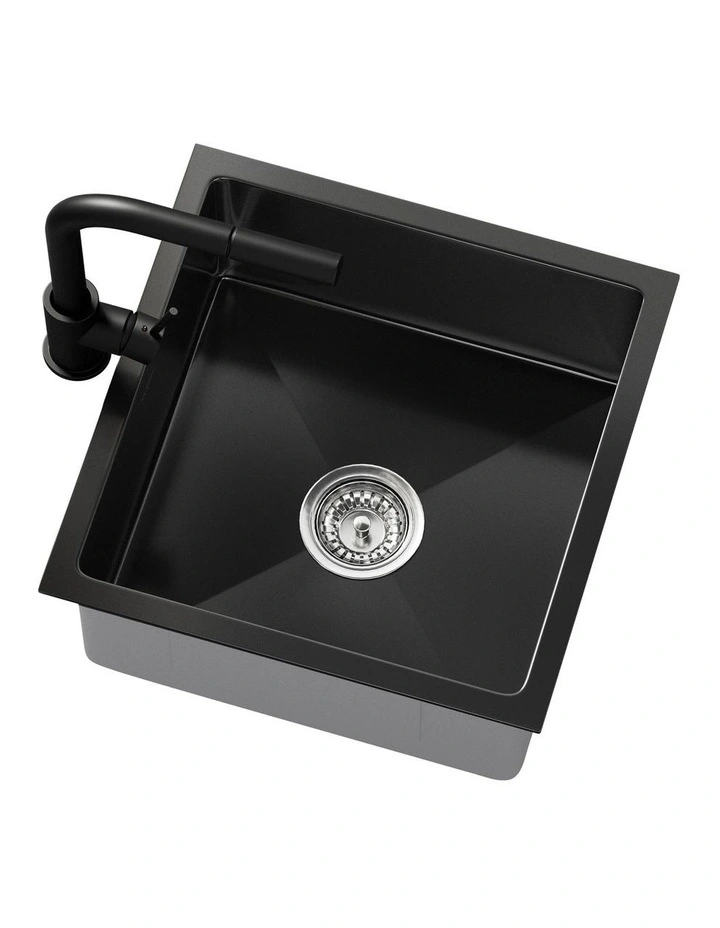 Welba Kitchen Sink 44X44CM With Pull Out Mixer Tap Stainless Steel Basin Black image 6