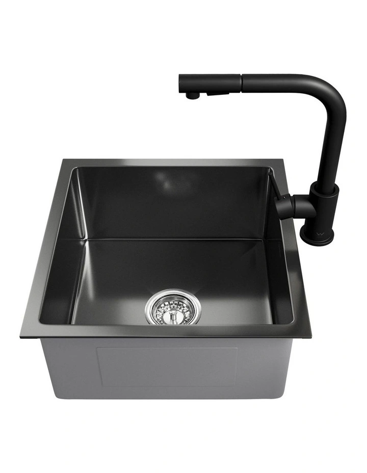 Welba Kitchen Sink 44X44CM With Pull Out Mixer Tap Stainless Steel Basin Black image 7