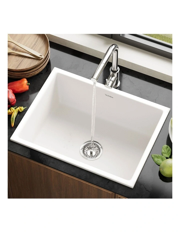 Welba Kitchen Sink with Mixer Tap Granite Stonk Single Bowl 59cmx45cm White image 4