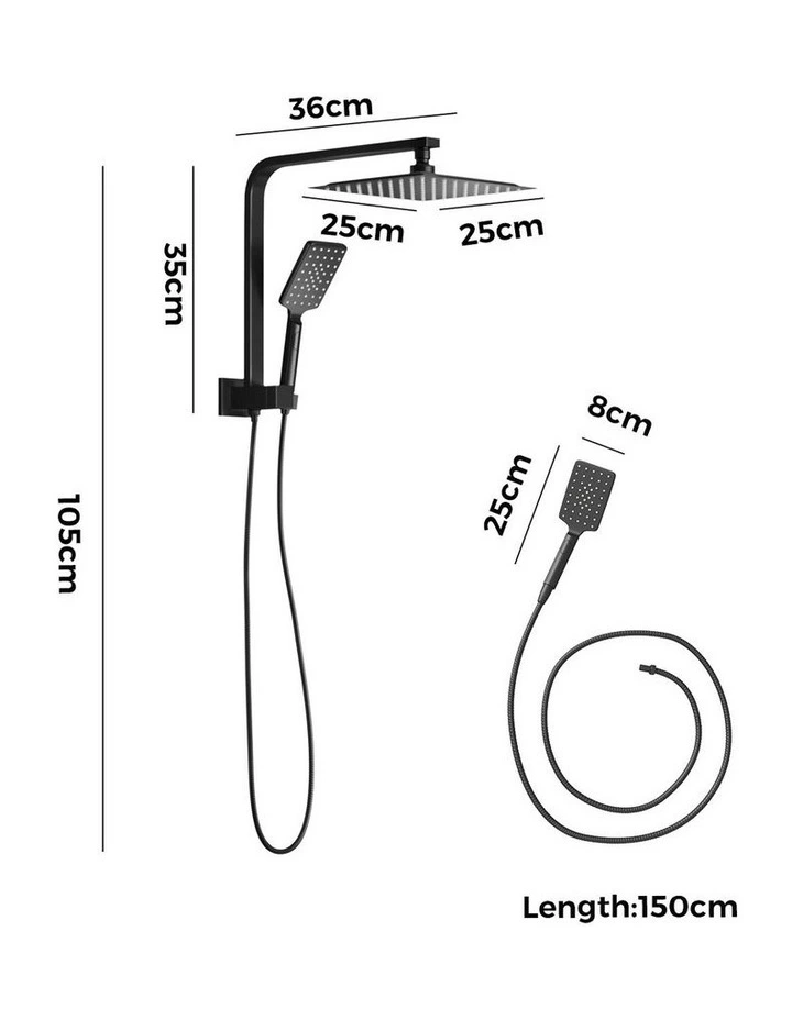 WELS 10 Rain Shower Head Set Square 3-Mode Handheld Shower Gooseneck Black image 3