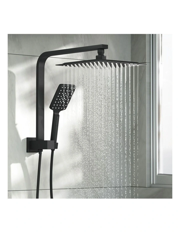 WELS 10 Rain Shower Head Set Square 3-Mode Handheld Shower Gooseneck Black image 4