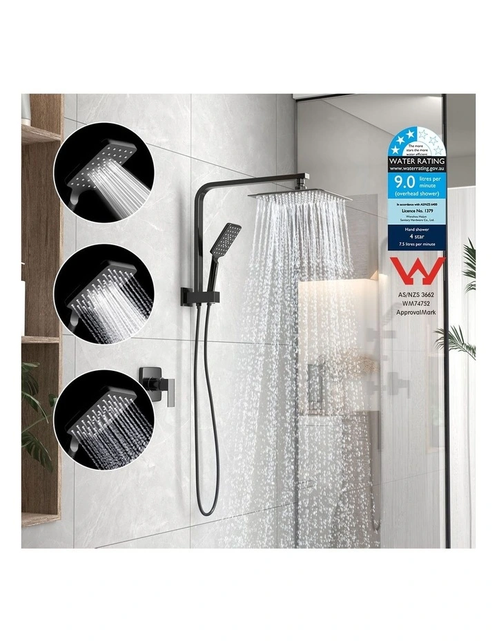 WELS 10 Rain Shower Head Set Square 3-Mode Handheld Shower Gooseneck Black image 5