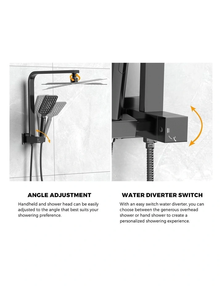 WELS 10 Rain Shower Head Set Square 3-Mode Handheld Shower Gooseneck Black image 7