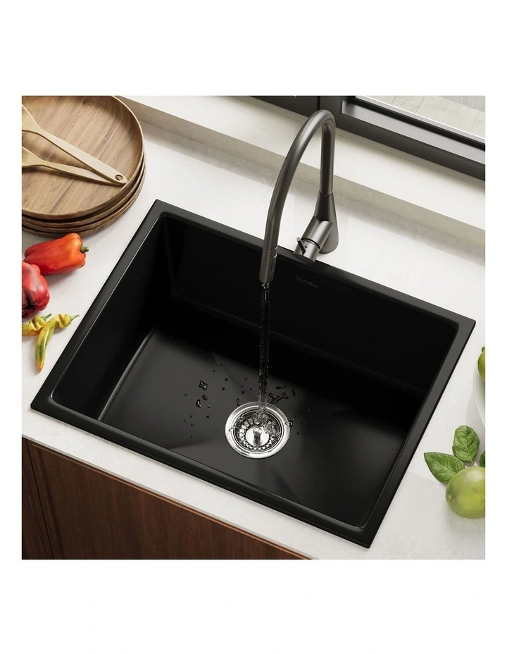 Welba Kitchen Sink with Mixer Tap 59cmx45cm Granite Stonk Single Bowl Black image 4