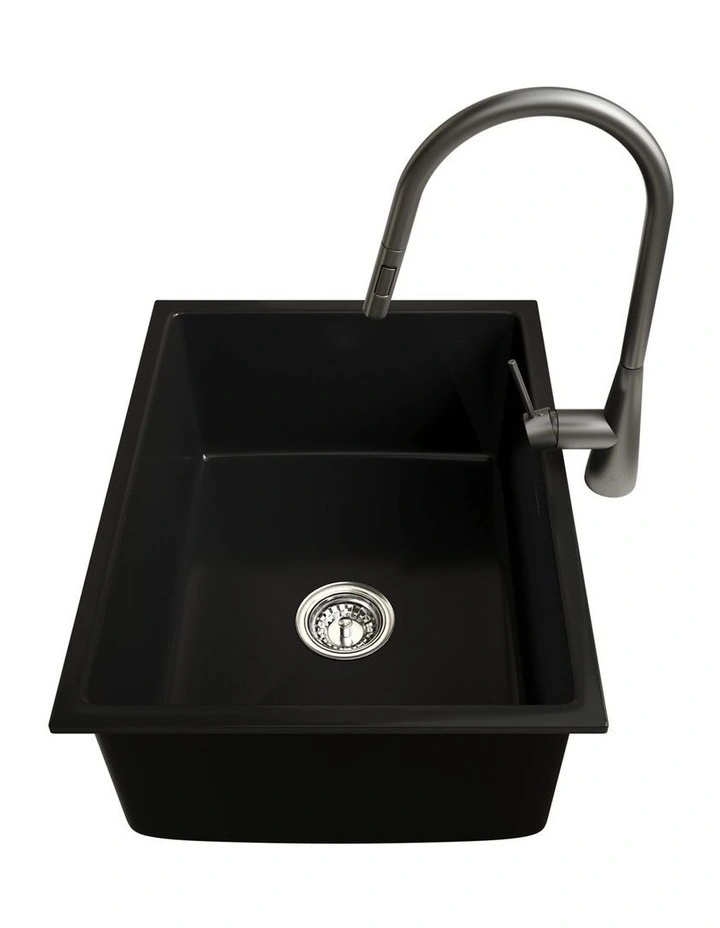 Welba Kitchen Sink with Mixer Tap 59cmx45cm Granite Stonk Single Bowl Black image 7