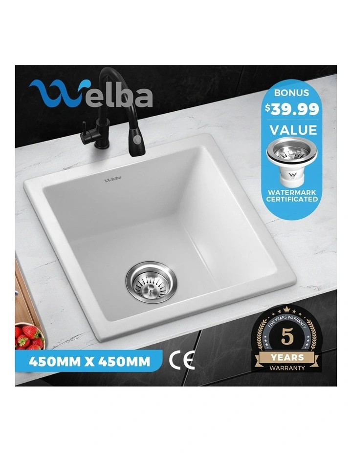 Welba Kitchen Sink Granite Stone Sink Laundry Basin Single Bowl 45cmx45cm White image 4