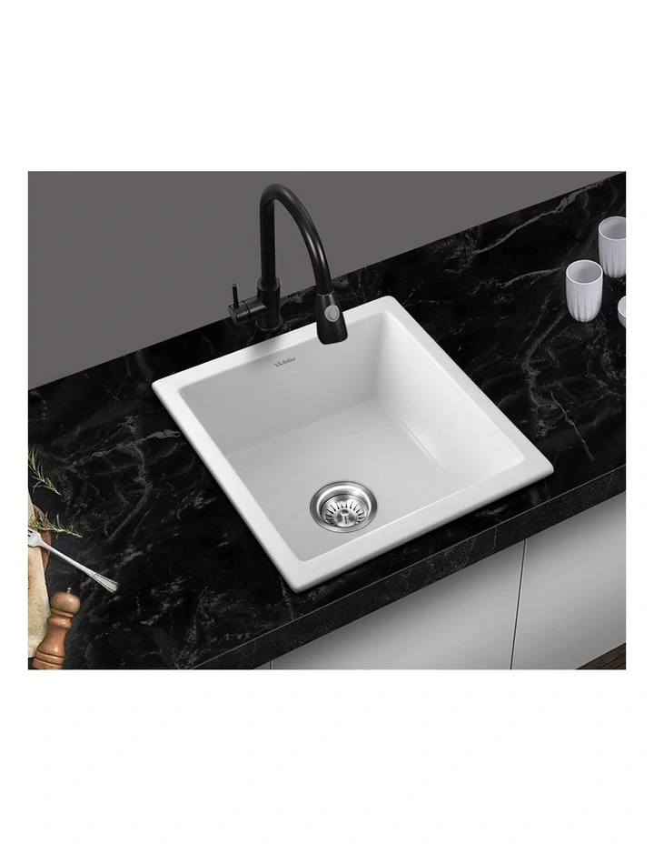 Welba Kitchen Sink Granite Stone Sink Laundry Basin Single Bowl 45cmx45cm White image 5