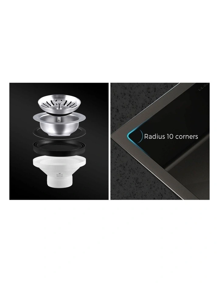 Welba Kitchen Sink 44X44CM Stainless Steel Single Bowl Basin With Waste Black image 7