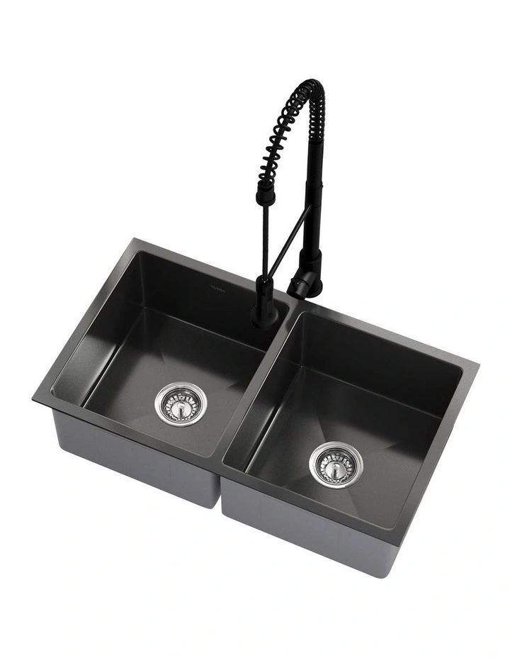 Welba Kitchen Sink 76X44CM With Pull Out Mixer Tap Stainless Steel Basin Black image 1
