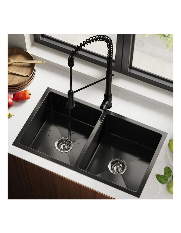 Welba Kitchen Sink 76X44CM With Pull Out Mixer Tap Stainless Steel Basin Black image 4