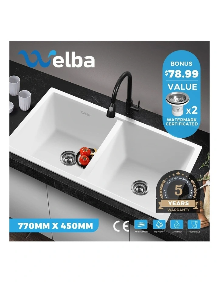 Welba Kitchen Sink Granite Stone Basin Bathroom Laundry Double Bowl 770mmx450mm image 4