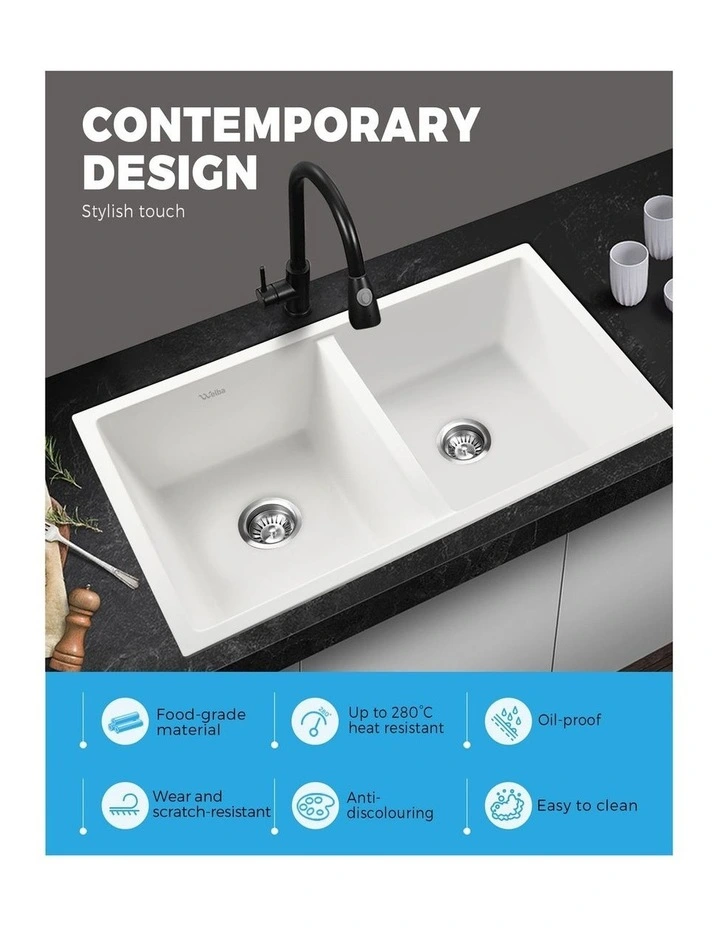 Welba Kitchen Sink Granite Stone Basin Bathroom Laundry Double Bowl 770mmx450mm image 5