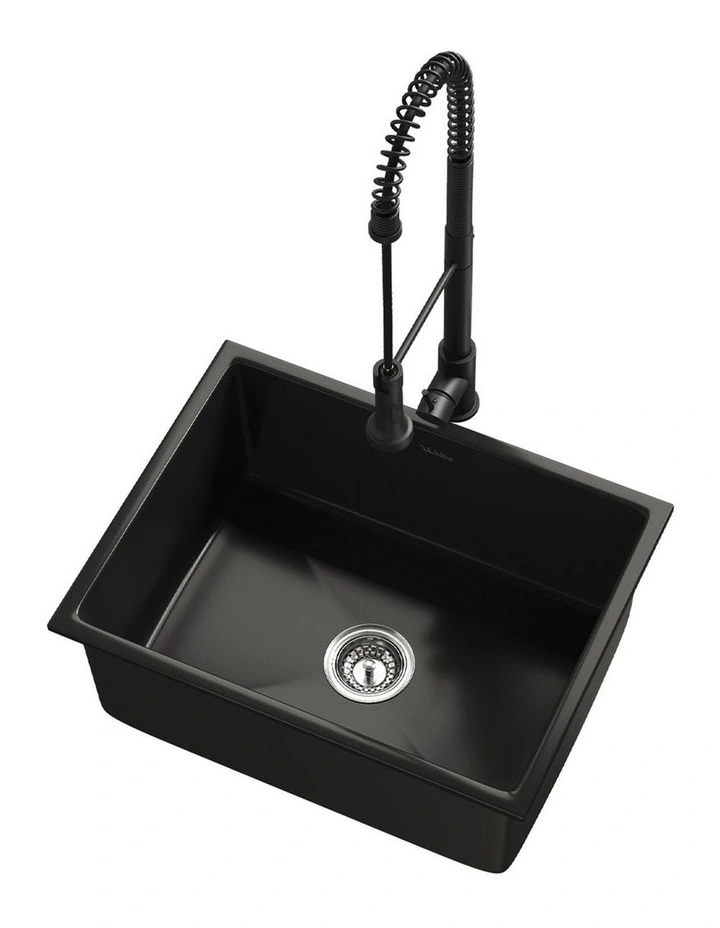 Welba Kitchen Sink Granite Stone Single Bowl with Mixer Tap 59cmx45cm Black image 1