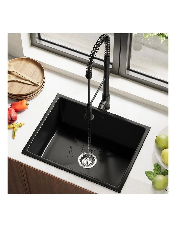 Welba Kitchen Sink Granite Stone Single Bowl with Mixer Tap 59cmx45cm Black image 4