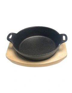 Fissman Cast Iron Pan With Two Side Handles On Wooden Sizzling Plate 18x4.4cm