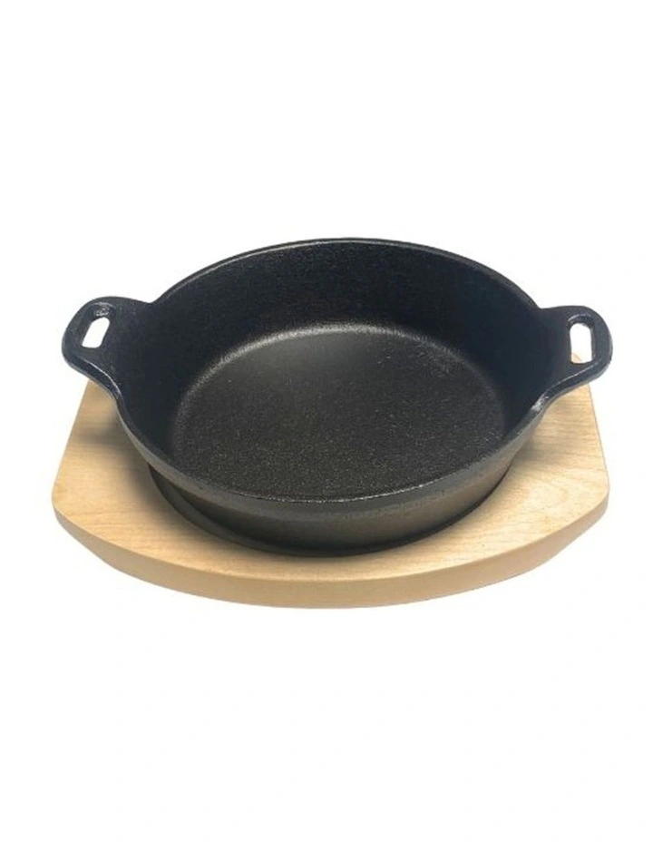 Fissman Cast Iron Pan With Two Side Handles On Wooden Sizzling Plate 18x4.4cm image 1