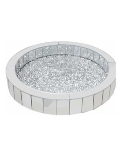 Silver Crushed Diamond Mirrored Tray For Vanity And Decorative Displays(Round)