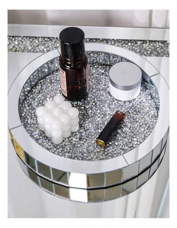 Silver Crushed Diamond Mirrored Tray For Vanity And Decorative Displays(Round) image 3