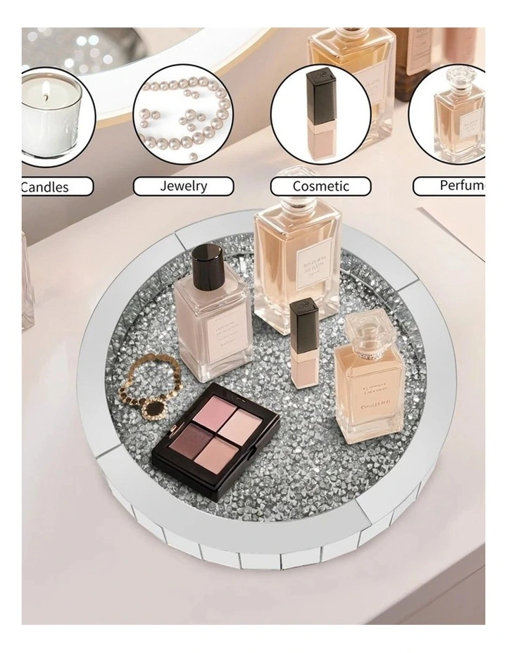 Silver Crushed Diamond Mirrored Tray For Vanity And Decorative Displays(Round) image 5