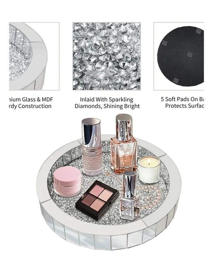Silver Crushed Diamond Mirrored Tray For Vanity And Decorative Displays(Round) image 7