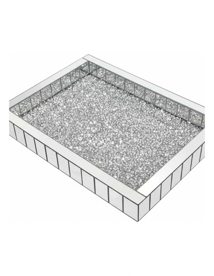 Silver Crushed Diamond Mirrored Tray For Decorative And Serving Purposes(Rectangular) image 1