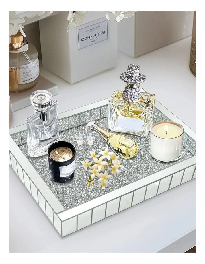 Silver Crushed Diamond Mirrored Tray For Decorative And Serving Purposes(Rectangular) image 5