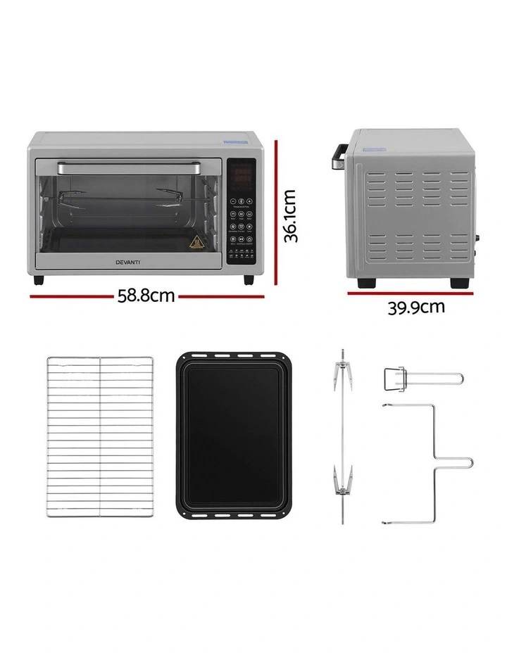 Devanti 48L Convection Oven Electric Fryer Bake Grill Ovens Benchtop 2000W Silver image 2