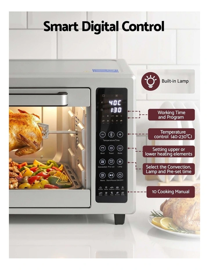 Devanti 48L Convection Oven Electric Fryer Bake Grill Ovens Benchtop 2000W Silver image 5