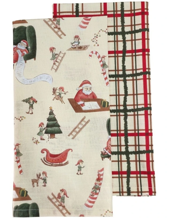 Santa's Workshop Tea Towel Set of 2 50x70cm Beige image 1