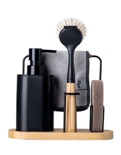 Vigar 4pc Vintage Bamboo Wood Sink Caddy Set Black Natural Kitchen Essential