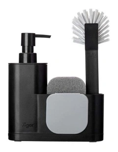 Vigar 4pc Plastic Monobloc Sink Caddy Set With Brush Sponge Detergent Black