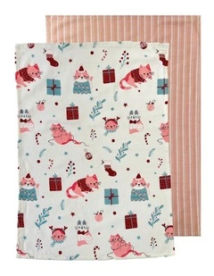 Merry Meow Tea Towel 2pk 50x70x1.5cm Peach Multi