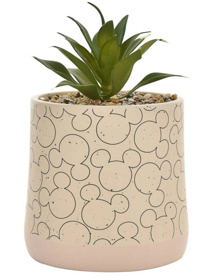 Mickey Ceramic Planter with Faux Plant in Beige image 1