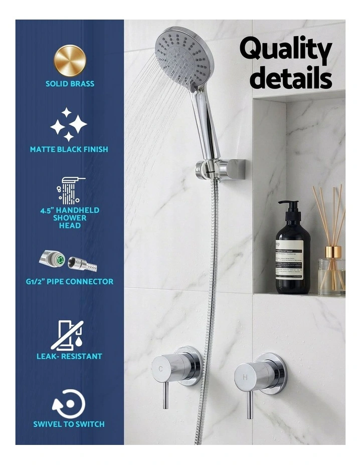 4.5 Handheld Shower Head Round with Wall Twin Swivel Bathroom Tap Silver image 5
