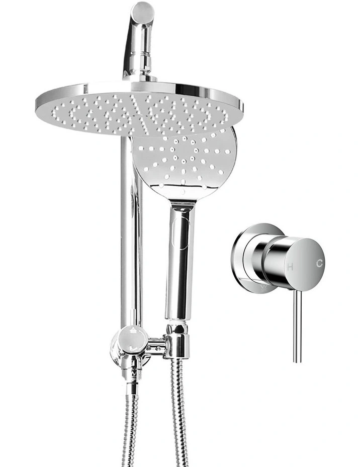 Handheld Round High Pressure Mixer Tap Chrome Rain Shower Head Set 9'' in Silver image 2