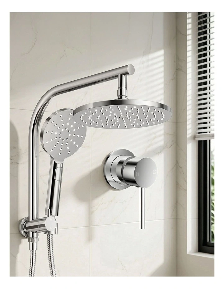 Handheld Round High Pressure Mixer Tap Chrome Rain Shower Head Set 9'' in Silver image 3