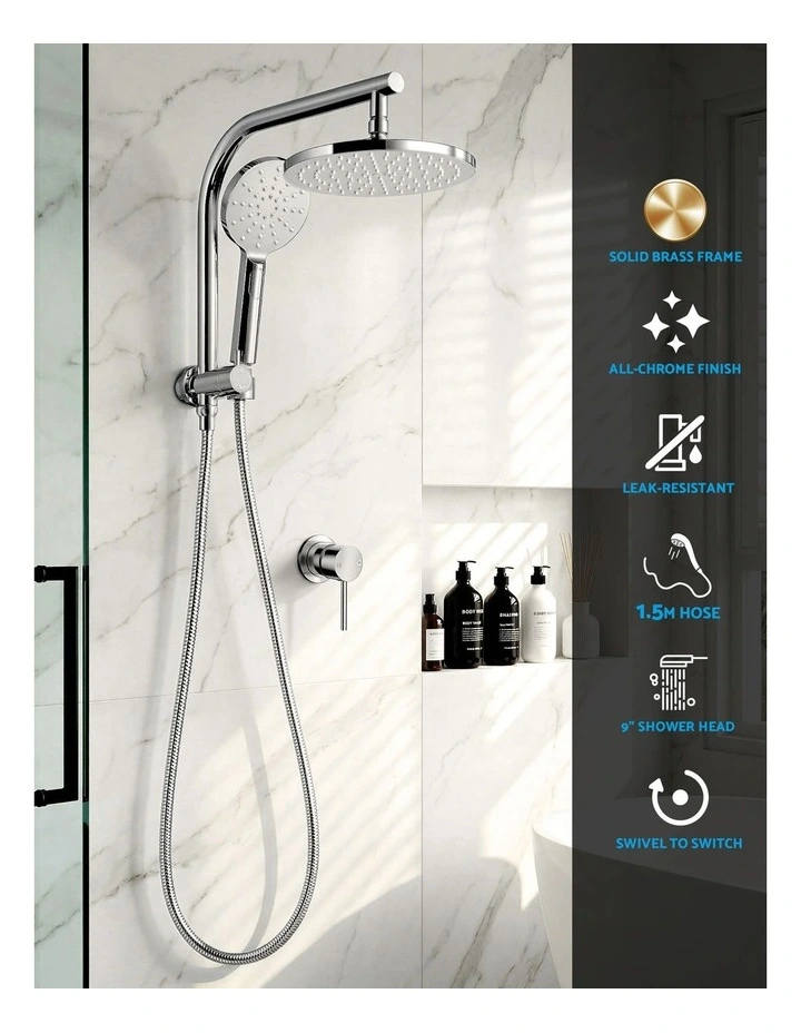 Handheld Round High Pressure Mixer Tap Chrome Rain Shower Head Set 9'' in Silver image 5