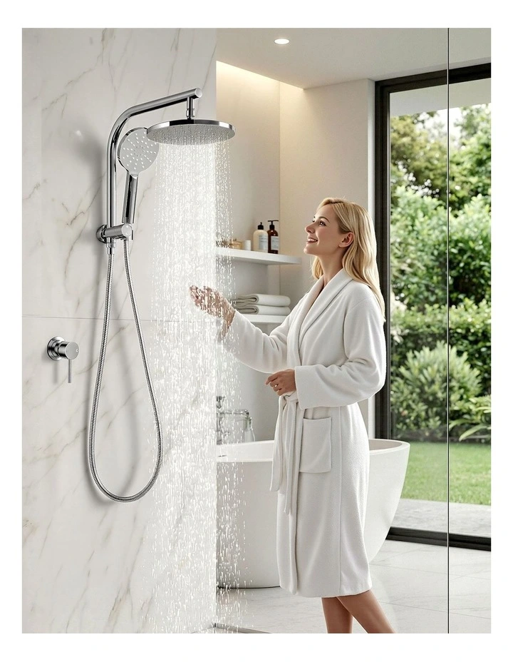 Handheld Round High Pressure Mixer Tap Chrome Rain Shower Head Set 9'' in Silver image 7