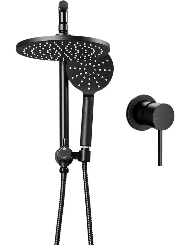 Handheld Round High Pressure Mixer Tap Chrome Rain Shower Head Set 9'' in Black image 2