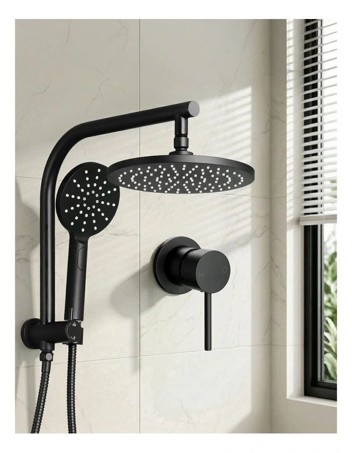 Handheld Round High Pressure Mixer Tap Chrome Rain Shower Head Set 9'' in Black image 3