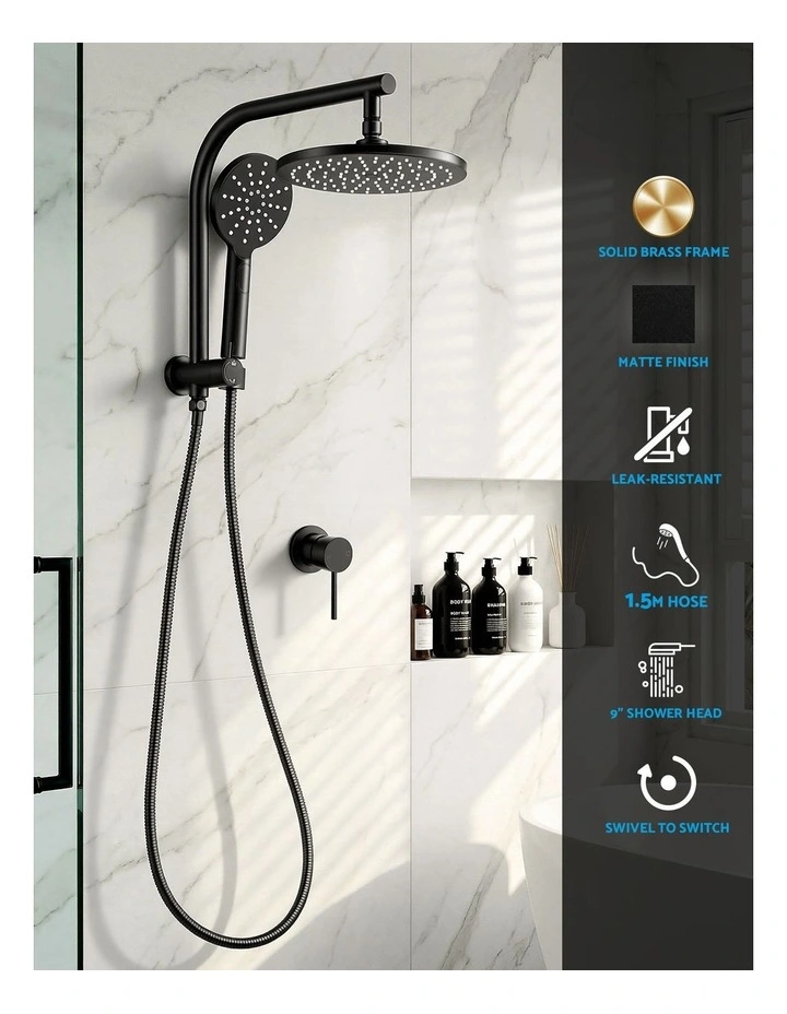 Handheld Round High Pressure Mixer Tap Chrome Rain Shower Head Set 9'' in Black image 5