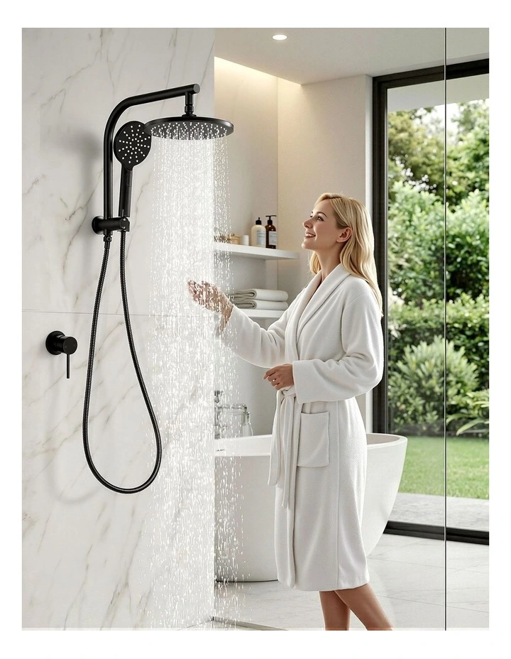 Handheld Round High Pressure Mixer Tap Chrome Rain Shower Head Set 9'' in Black image 7