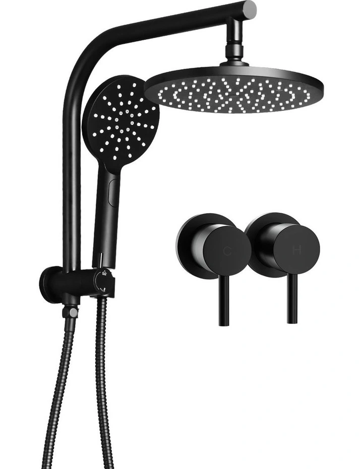Handheld Round High Pressure Twins TapChrome Rain Shower Head Set 9'' in Black image 1