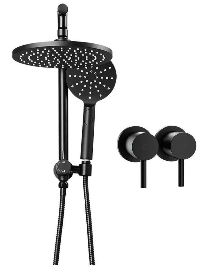 Handheld Round High Pressure Twins TapChrome Rain Shower Head Set 9'' in Black image 2