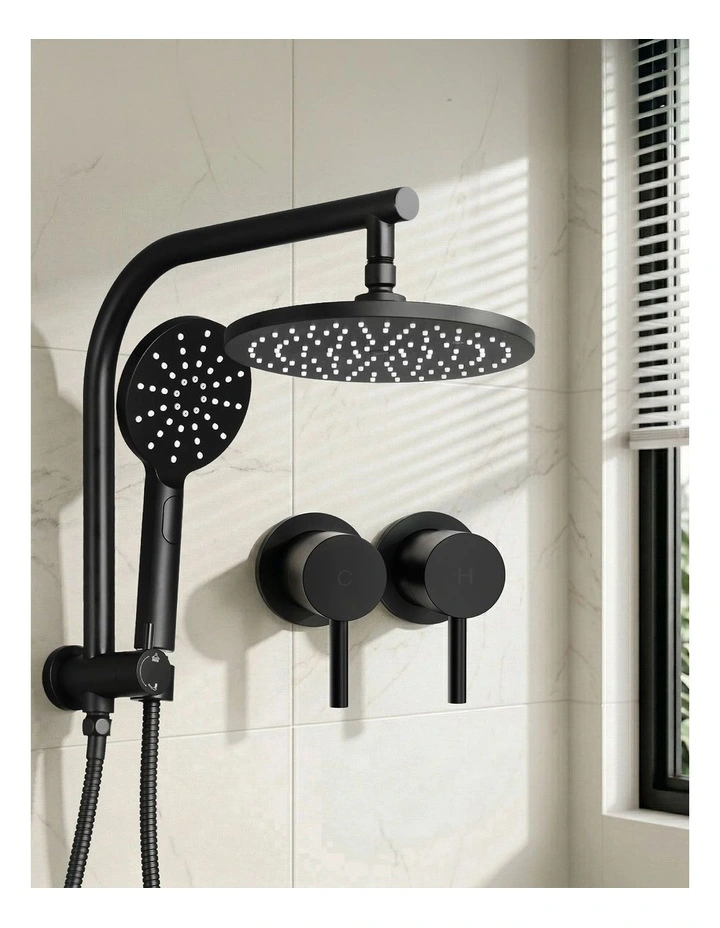 Handheld Round High Pressure Twins TapChrome Rain Shower Head Set 9'' in Black image 3