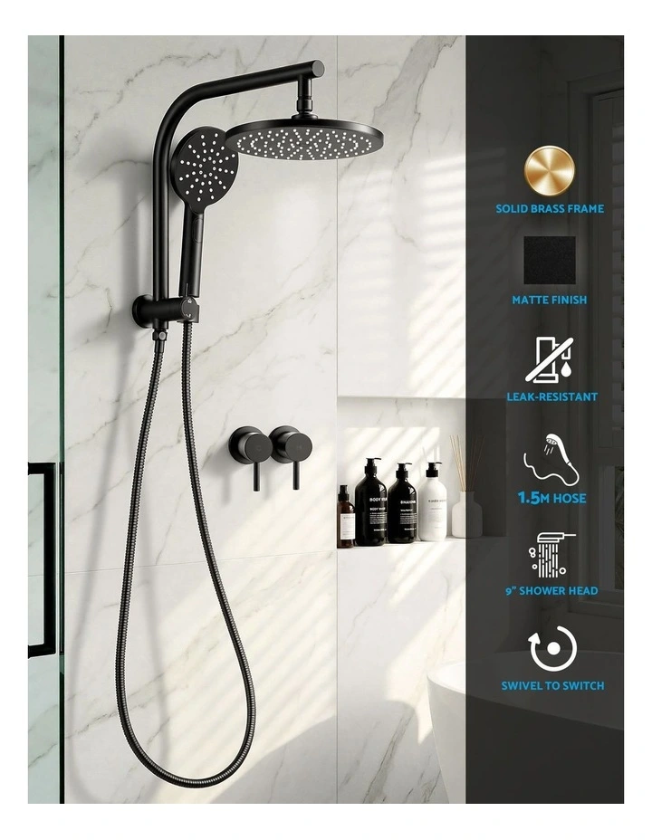 Handheld Round High Pressure Twins TapChrome Rain Shower Head Set 9'' in Black image 5