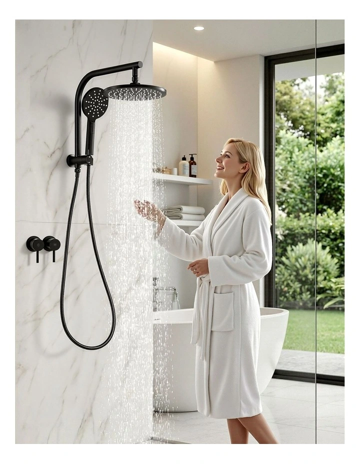 Handheld Round High Pressure Twins TapChrome Rain Shower Head Set 9'' in Black image 7